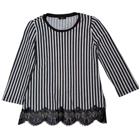 RIANI Striped Quarter Sleeve T-Shirt Blue with Navy Lace Trim - Picture 1 of 4